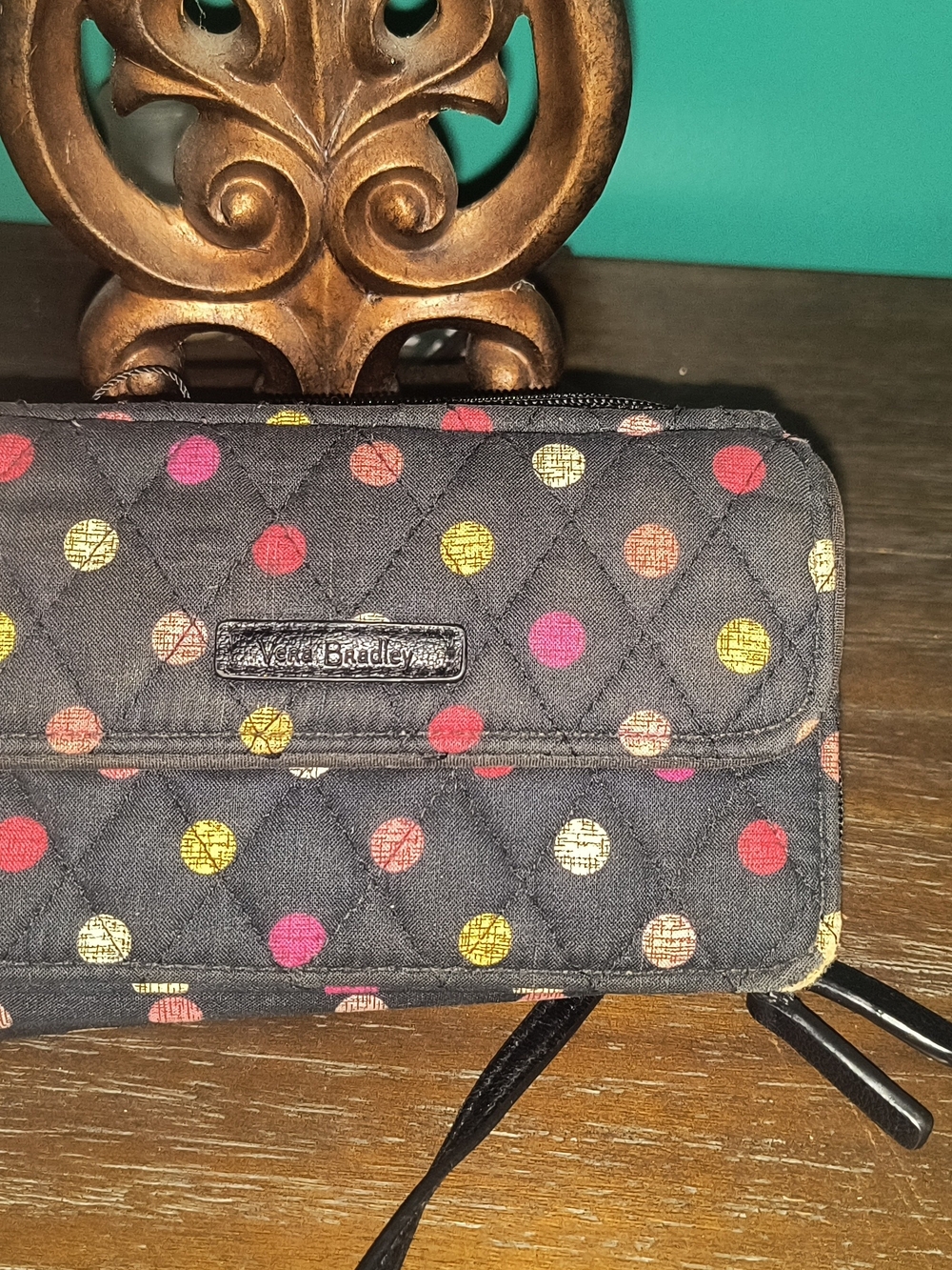 Vera Bradley Black Quilted Wristlet Wallet with Multicolor Dots